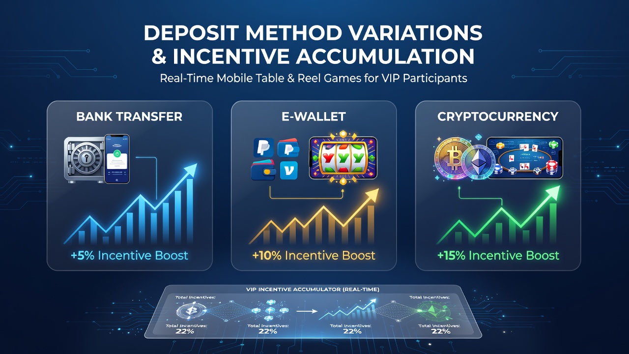 Mobile casino interface showing various deposit options including cards, e-wallets and bank transfers for VIP players in table and reel games