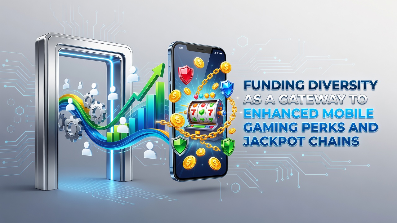 Smartphone screen displaying connected jackpot chains with funding method icons and accumulated reward indicators