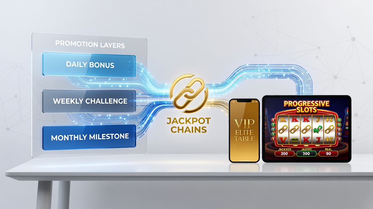 Mobile casino interface showing interconnected slot and table game promotions leading to jackpot chains for VIP players