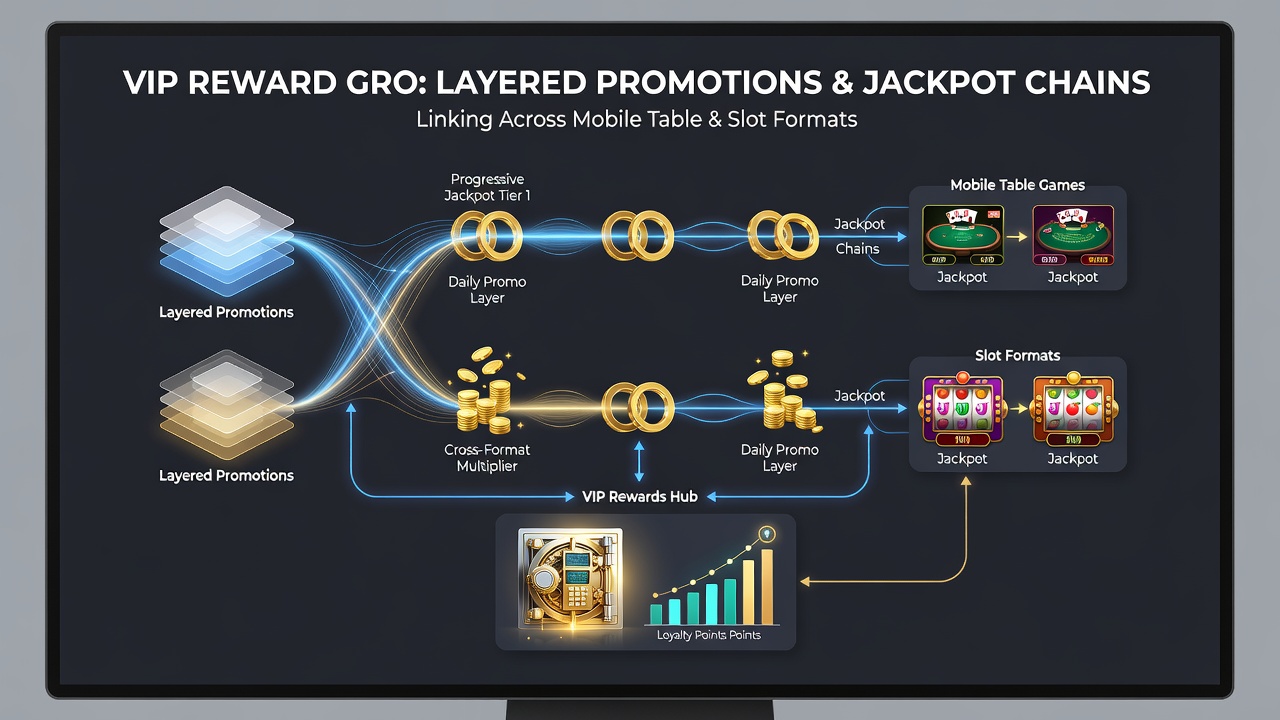 VIP reward dashboard displaying layered promotions connected to jackpot progress in mobile slots and table games