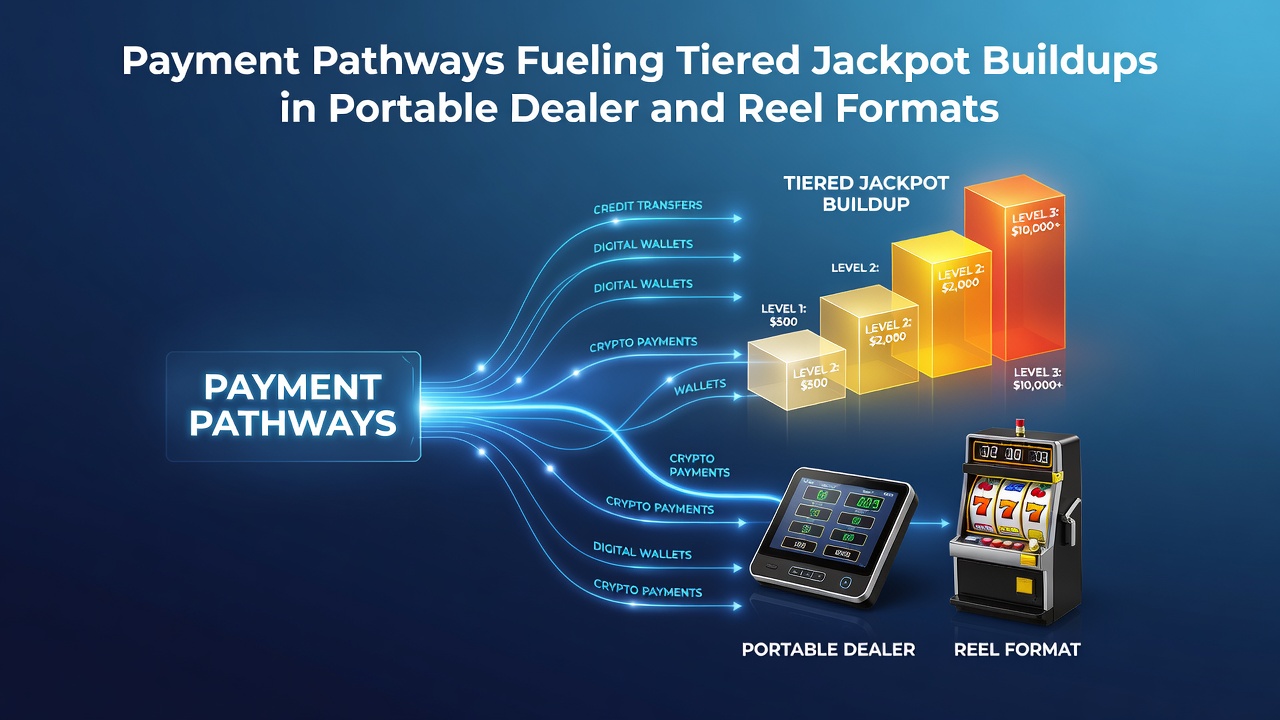 Mobile casino interface showing layered jackpot meters connected to instant payment processing icons on a smartphone screen