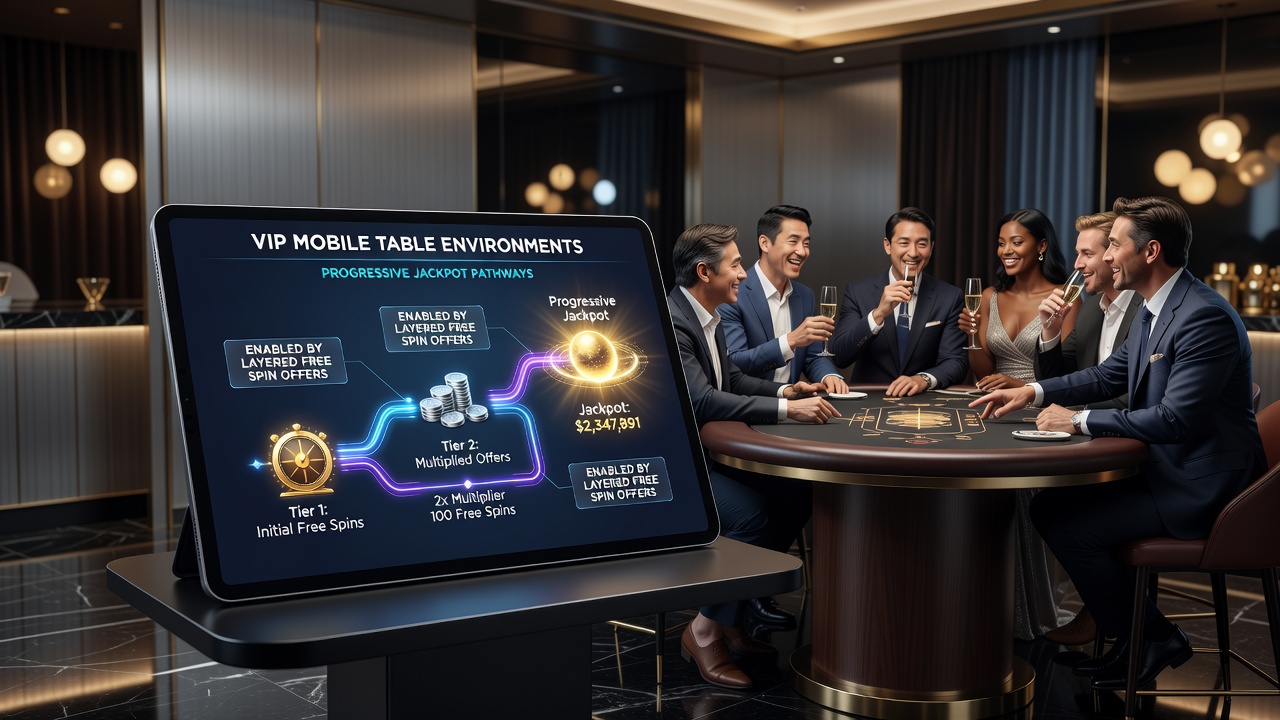 Close-up of mobile screen showing free spin counter advancing toward a live progressive jackpot during a VIP table game