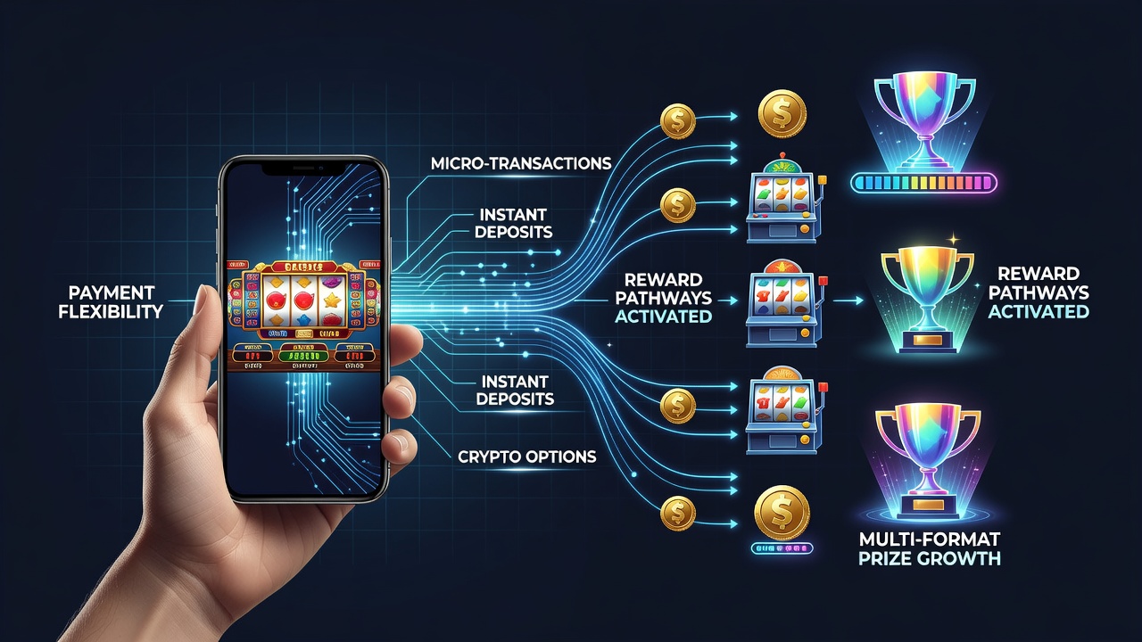Handheld device displaying interconnected reward pathways between mobile slots and live dealer formats