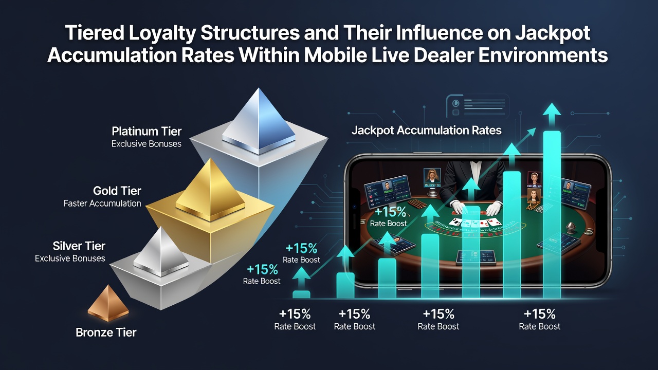 Smartphone screen showing live dealer table with loyalty tier badge and accumulating jackpot counter