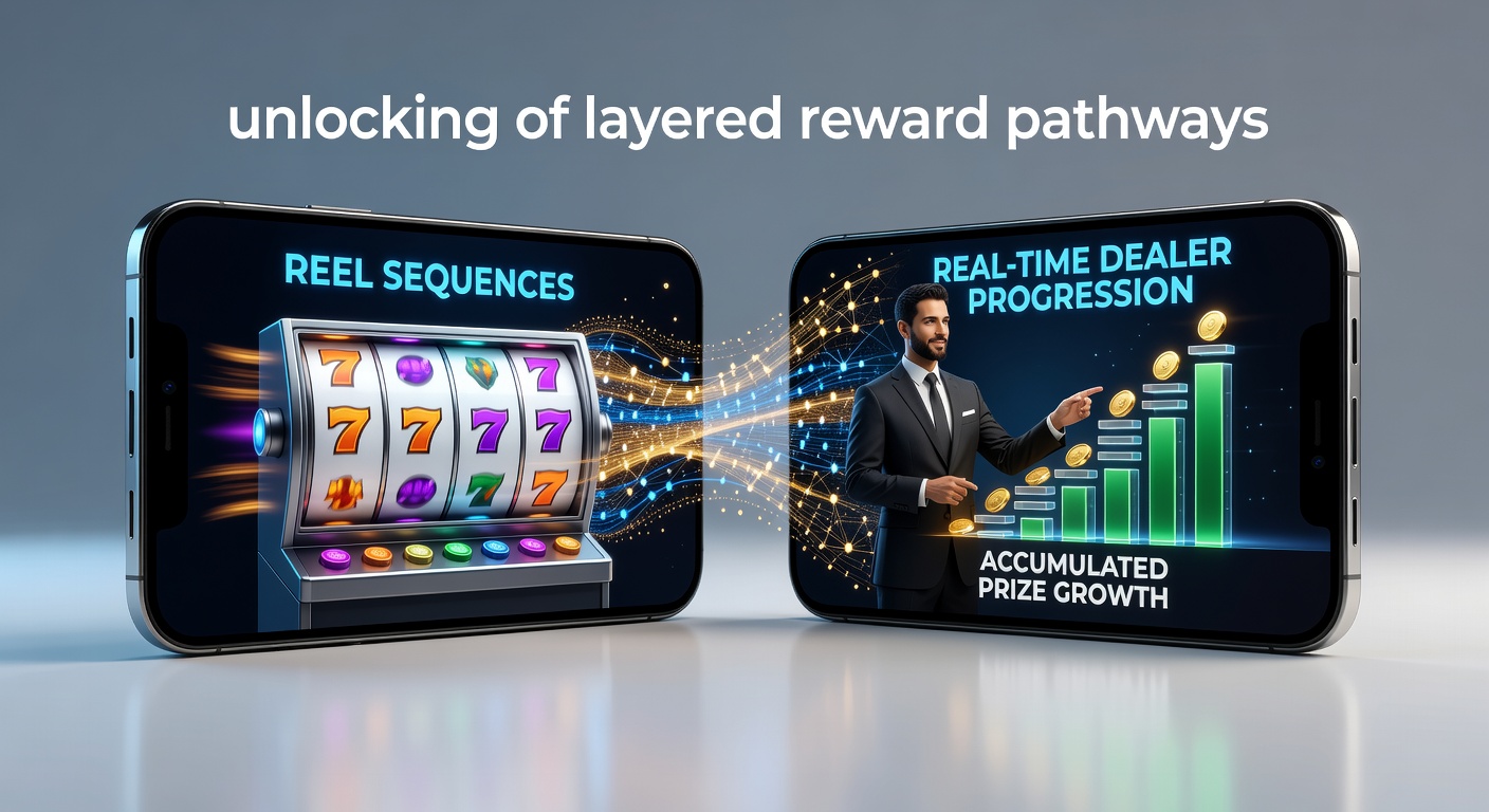 Mobile device displaying synchronized slot reels and live dealer table with reward progression indicators